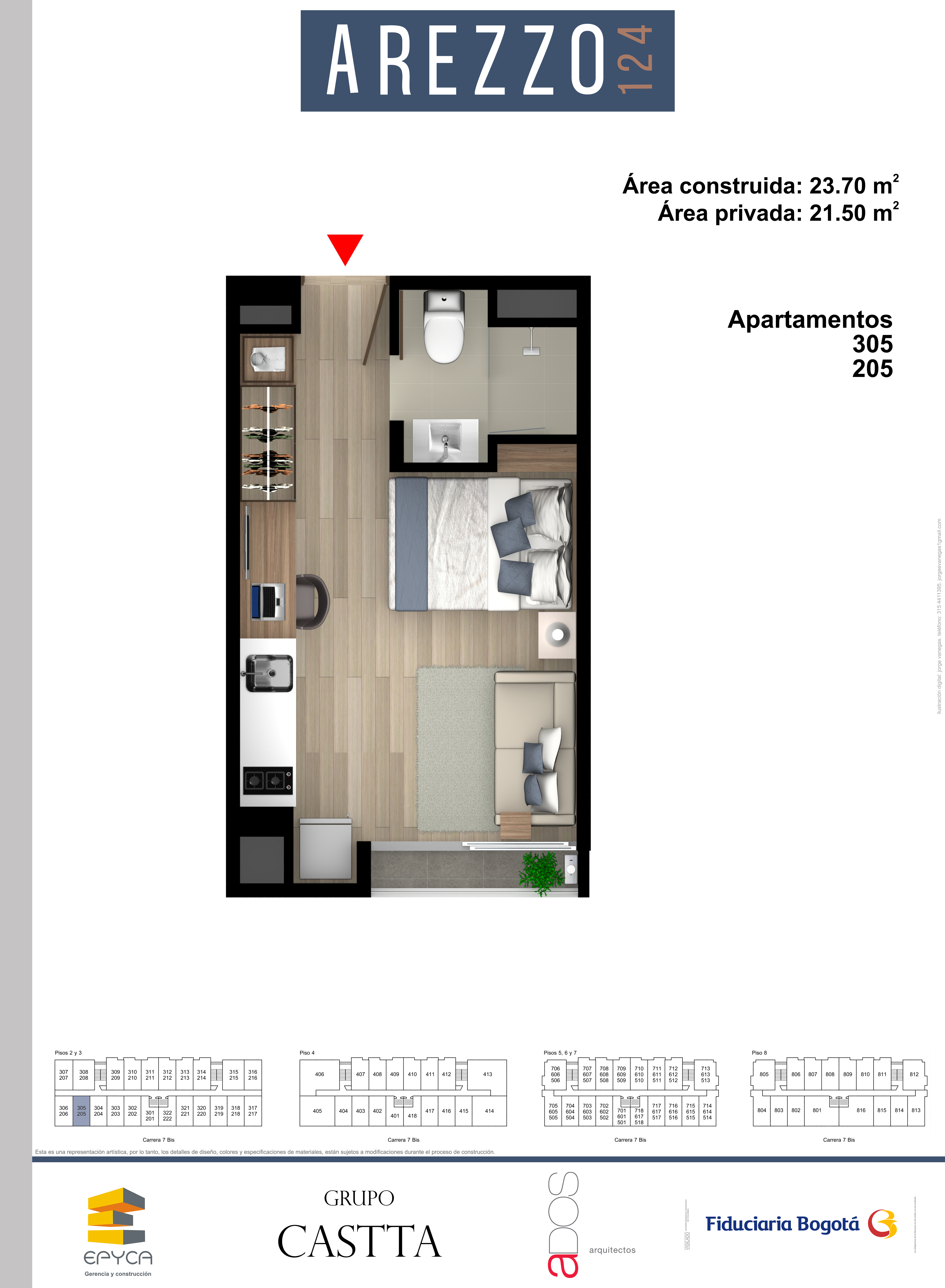 Proyectos Sobre Planos Arezzo 124 Apartaestudio en venta Cundinamarca Bogotá Santa Barbara 23 m2 Habitaciones 1 Baños 1 Garajes 0 Precio $308100000